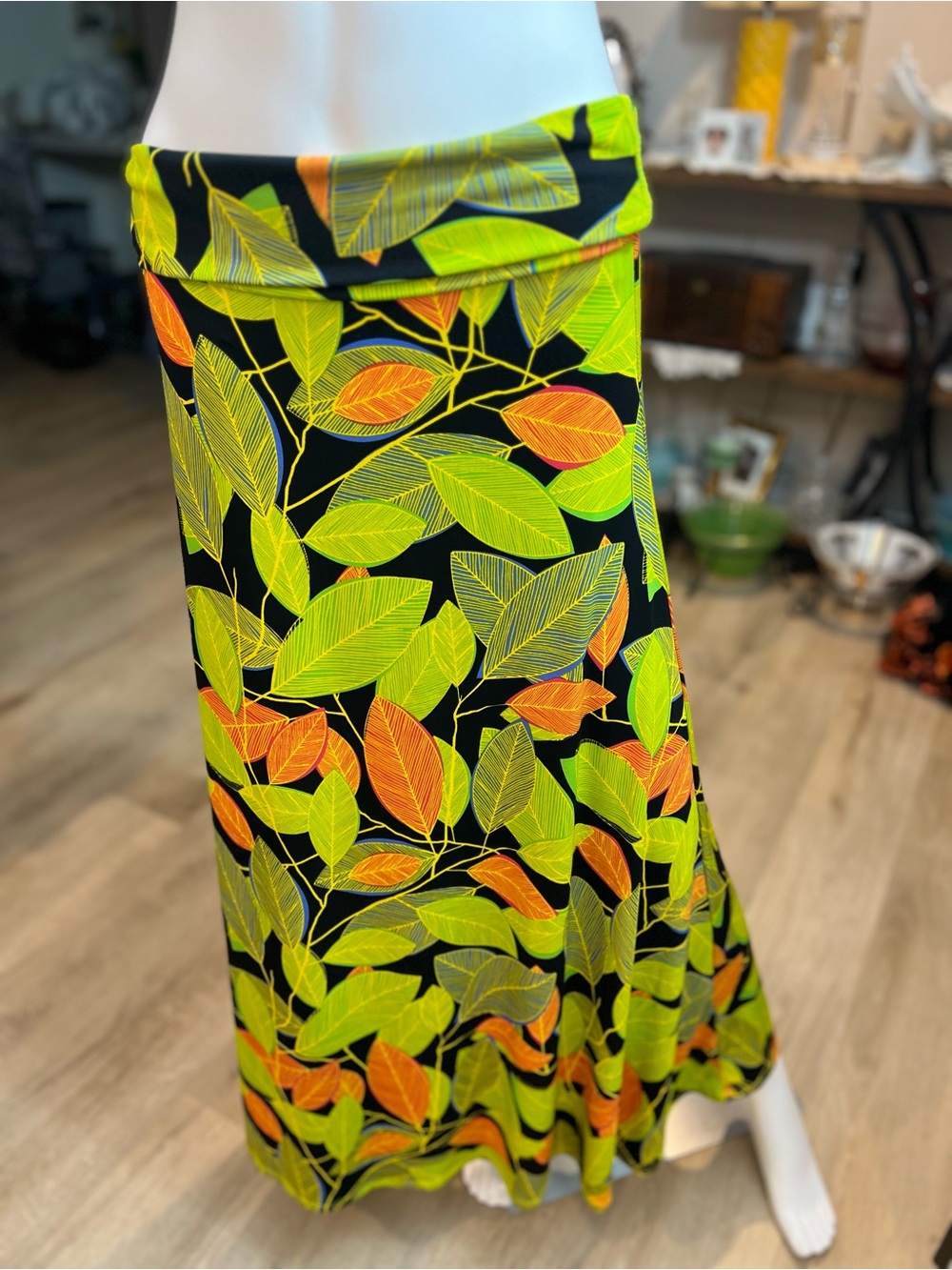 LuLaRoe Neon Leaf-Print Maxi Skirt in Black, Lime & Orange - Picture 3 of 5